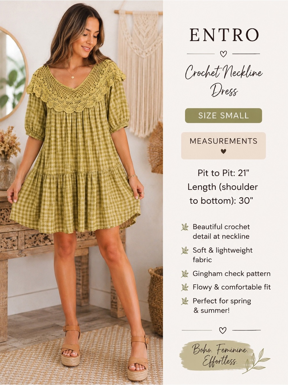 entro Olive Green Crochet Neckline Gingham Mini Dress